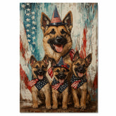 Happy German Shepherd Mother and Puppies in Patriotic Outfits with Rustic American Flag Backdrop on Ready to Hang 1.5" Thick Canvas Wrap, Floating Framed Canvas, Flat Rolled Canvas